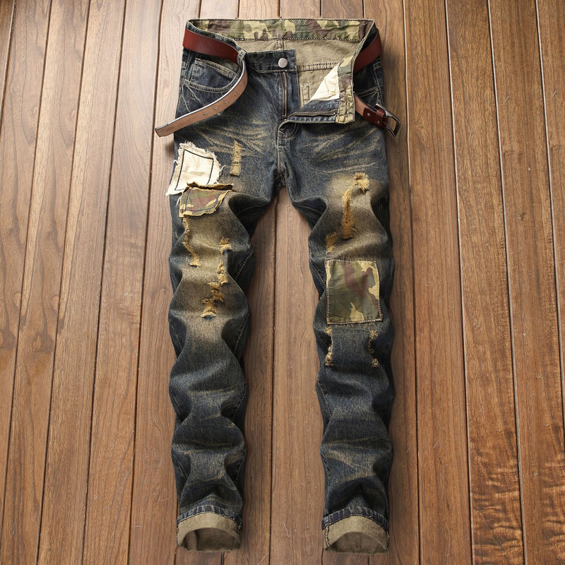 Straight Cut Hole Jeans With Floral Patches Men's Long Pants_voghion.com