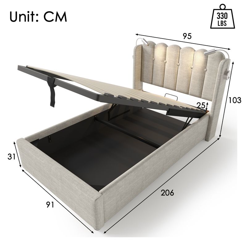 Cadre de lit simple rembourré avec liseuse, fonction de charge, rangement pour la tête de lit, lit enfant en lin 90 x 200 cm avec sommier à lattes (matelas non inclus, coloris naturel)_voghion.com