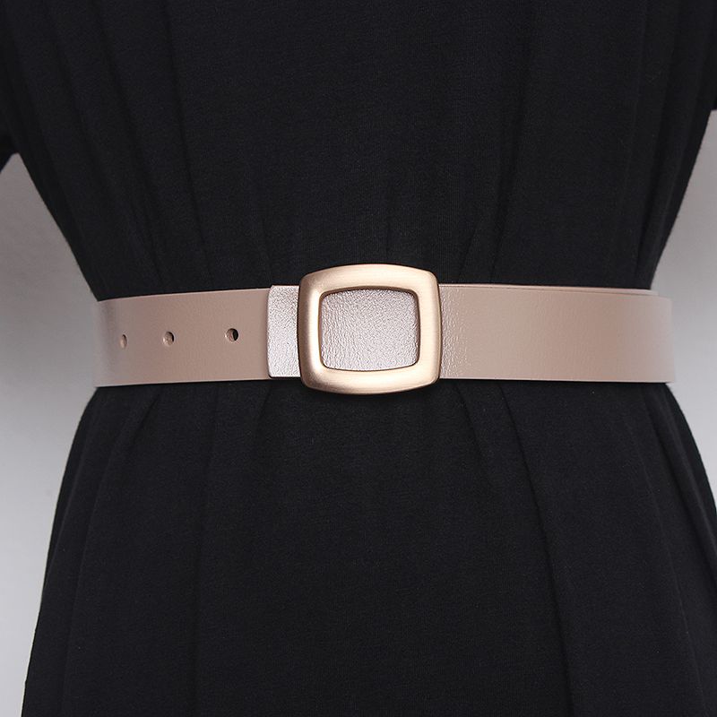 Korean style simple and versatile square buckle cowhide belt for women, decorative jeans, jacket, fashionable and casual waist belt_voghion.com