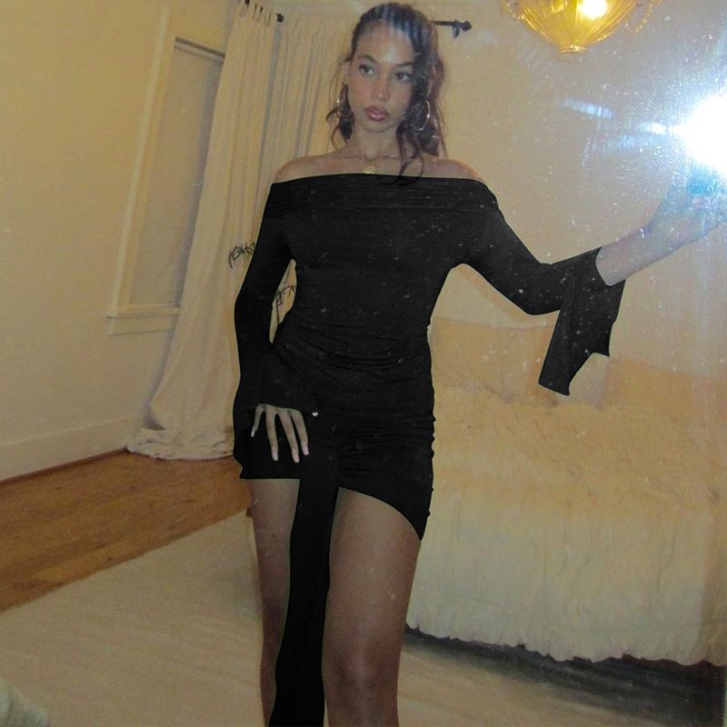 Women's clothing 2024 spring new product fashionable and sexy solid color pleated one shoulder long sleeved set women's_voghion.com