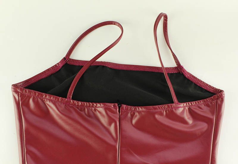 Robe porte-jarretelles en similicuir rouge vin pour femme – Mini-jupe moulante rétro à fente haute_voghion.com