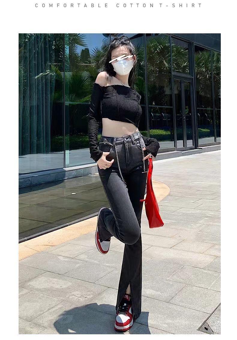 Τζιν παντελόνι με ψηλή μέση και γυναικείο σχέδιο, σε στυλ αμερικανικού στυλ, με σέξι girl, στενή εφαρμογή, λάστιχο, φαρδύ με ντεγκραντέ αδυνάτισμα._voghion.com