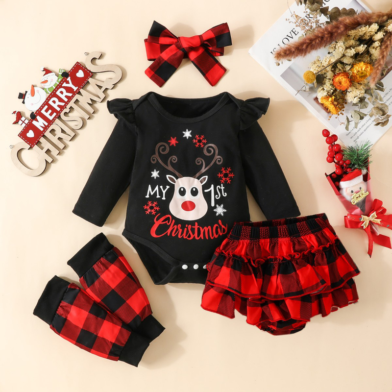 Set natalizio in quattro pezzi per bambino natalizio Abito a triangolo con testa di cervo a maniche lunghe + pantaloncini scozzesi + set di pantaloni + foulard_voghion.com