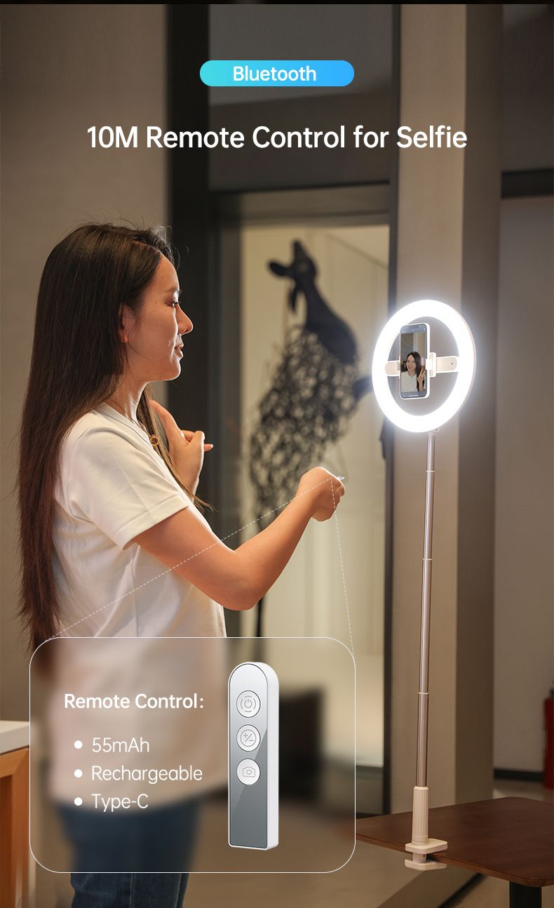 Luz de relleno de anillo Soporte de transmisión en vivo Puede girar Disparos desde arriba Telescópico Plegable Disparos de escritorio Luz de relleno de belleza_voghion.com