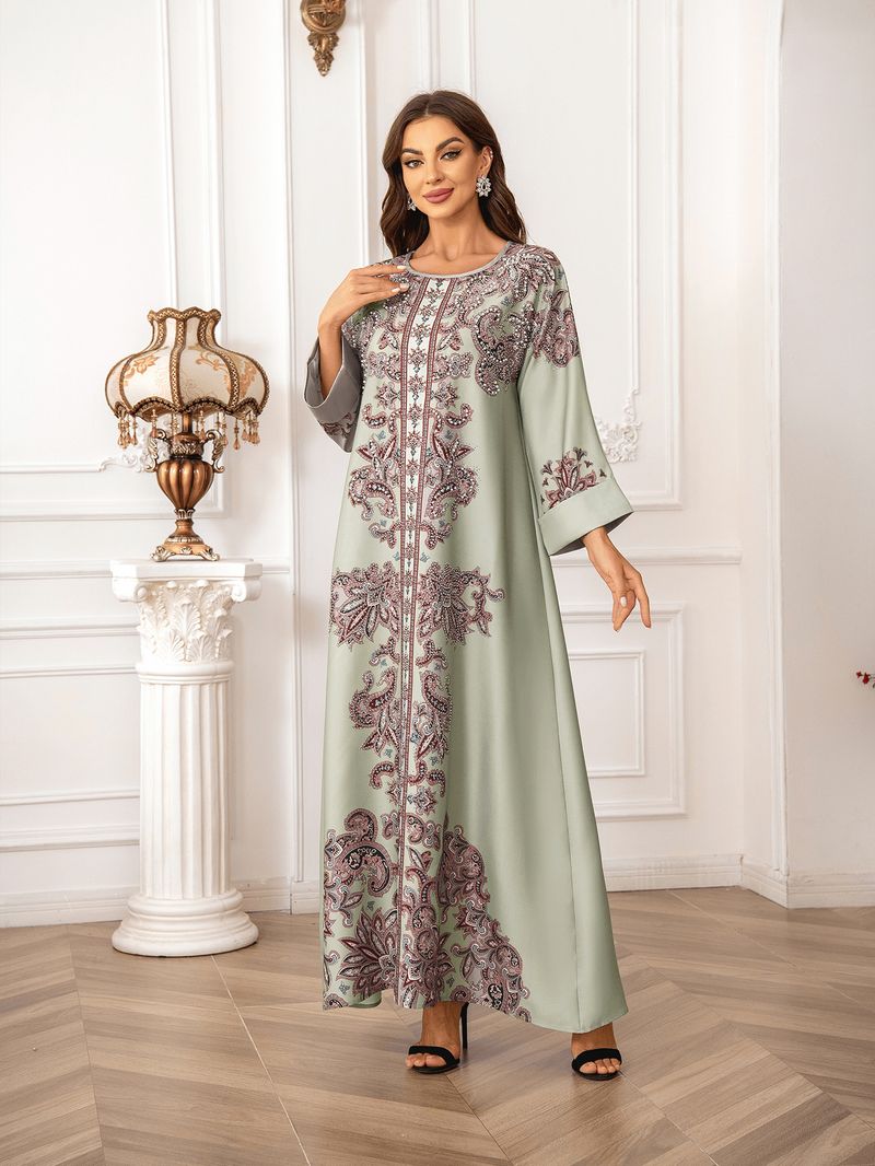 Kaftan mit hochdichtem Heißpräge-Diamant-Nagelperlen-Druck, lange Robe für muslimische Frauen, elegantes Kleid_voghion.com