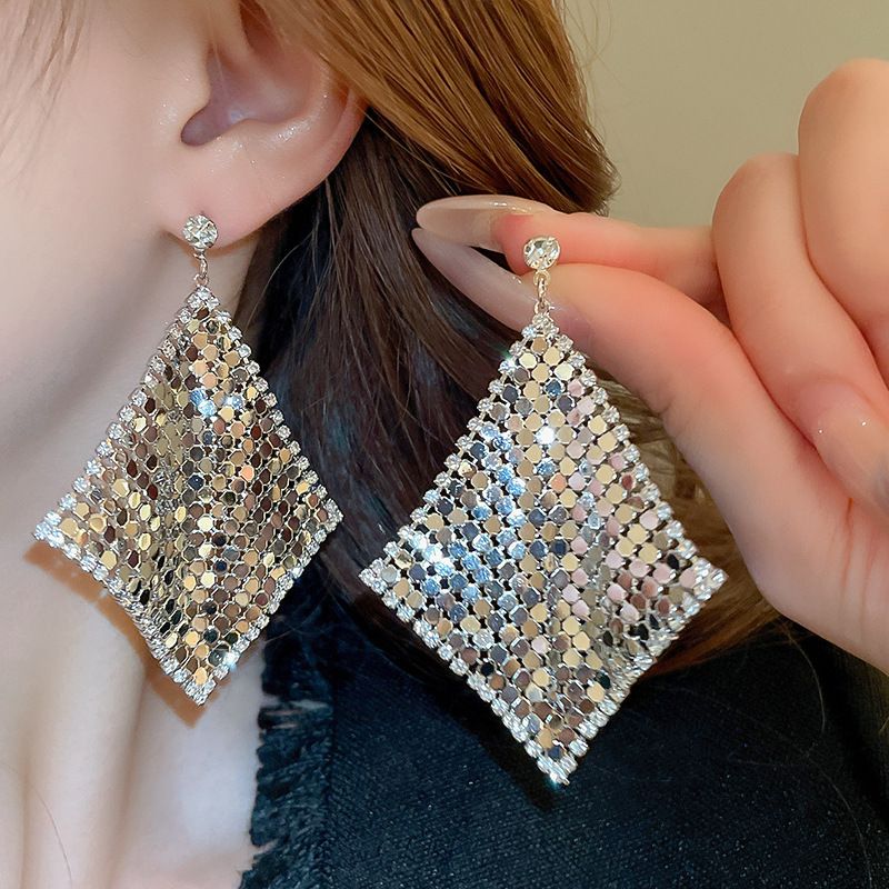 Silver Needle Artificial Pearl Full Diamond Triangular Geometric Tassel Light Luxury Fashionable Earrings, Niche_voghion.com