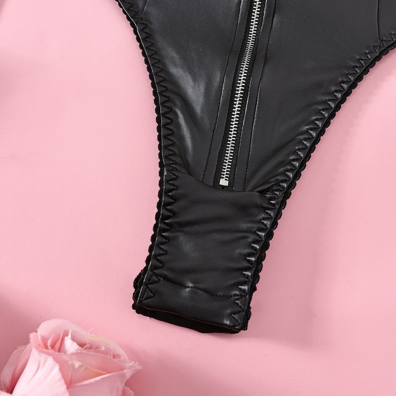 Damskie majtki Nowy produkt PU Skóra Zamek błyskawiczny z przodu Siatka Łączenie Pleców Talia Modelująca Seksowny Kombinezon_voghion.com