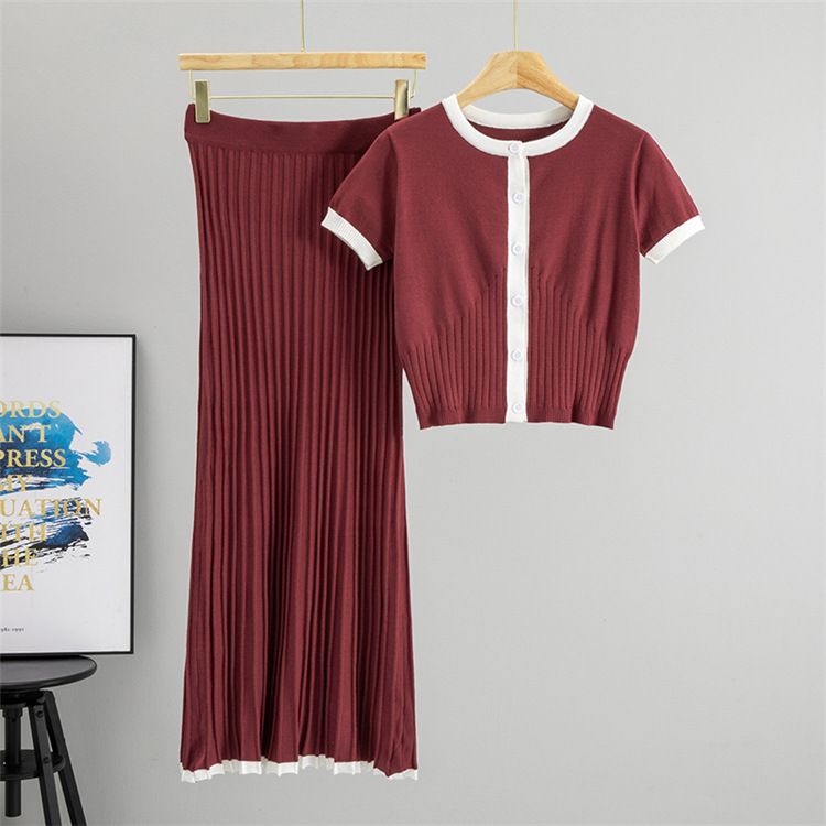 Damenbekleidung Temperament Rundhals Kurzarm Elegant Rundhals Kurzarm Schlankheits-Strickjacke & Langer Rock Zweiteiliges Set Für Damen_voghion.com