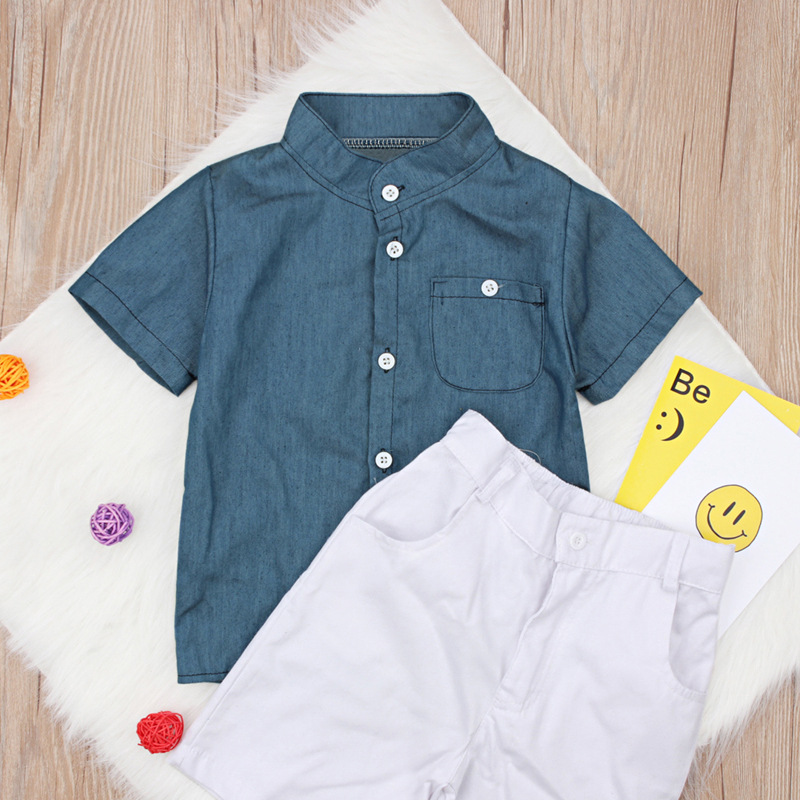 Chemise d'été bleue à manches courtes pour garçons, mère et enfant, haut + short blanc, tendance, deux ensembles d'ins_voghion.com