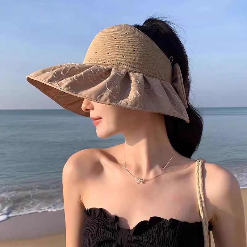 Cappello da sole da donna con protezione UV, per le vacanze al mare, con possibilità di annodare la coda di cavallo, cappello a cilindro vuoto, versatile cappello da sole con tesa larga_voghion.com