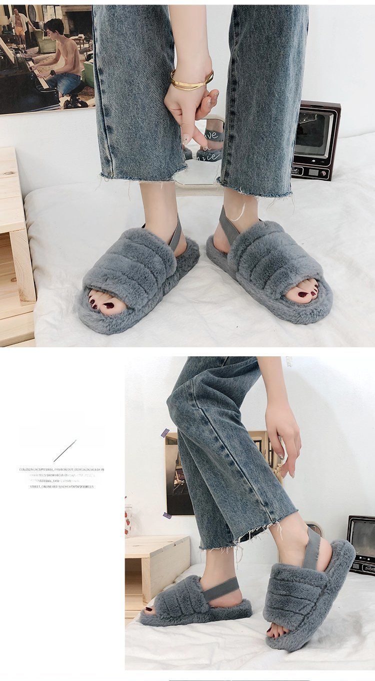 Foreign trade thick-soled plush slippers for women 2023 New 43 plus size flat home plush cotton slippers elastic band warm_voghion.com