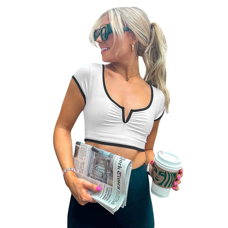 Q24TP118 Fashionable contrasting color U-neck pleated pullover short top for women's 2024 summer versatile style_voghion.com