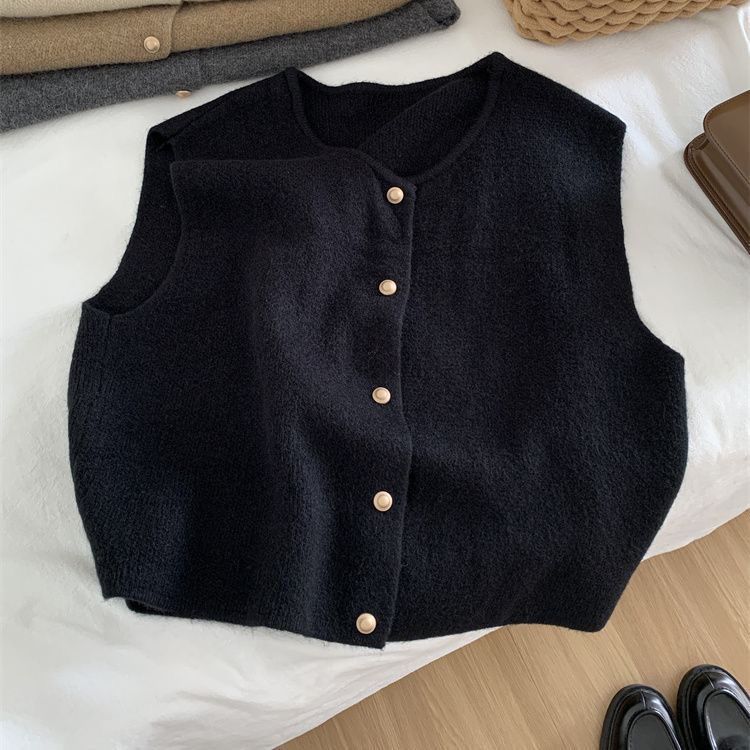 Sanfte einreihige, kleine goldene Knöpfe, Rundhalsausschnitt, gestrickte Schlankheitsweste, Strickjacke, koreanisches ärmelloses Unterhemd, lockeres Oberteil_voghion.com
