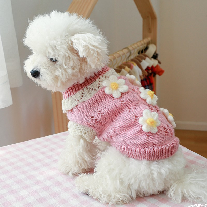 1PC Pet Apparel Dog Autumn And Winter Thicken Warm Green Pink 3D Flower Knitting Pullover Sweater For Small Medium Dogs_voghion.com