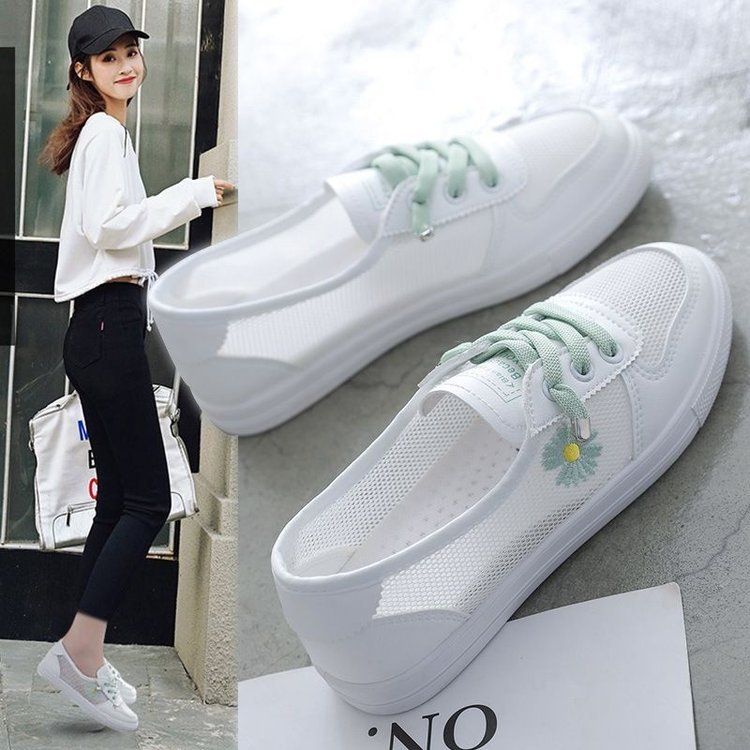 Little White Shoes Women's Thin Mesh Breathable Mesh Shoes Korean Edition Student Children Flat Bottom One Pedal Lazy Shoes_voghion.com