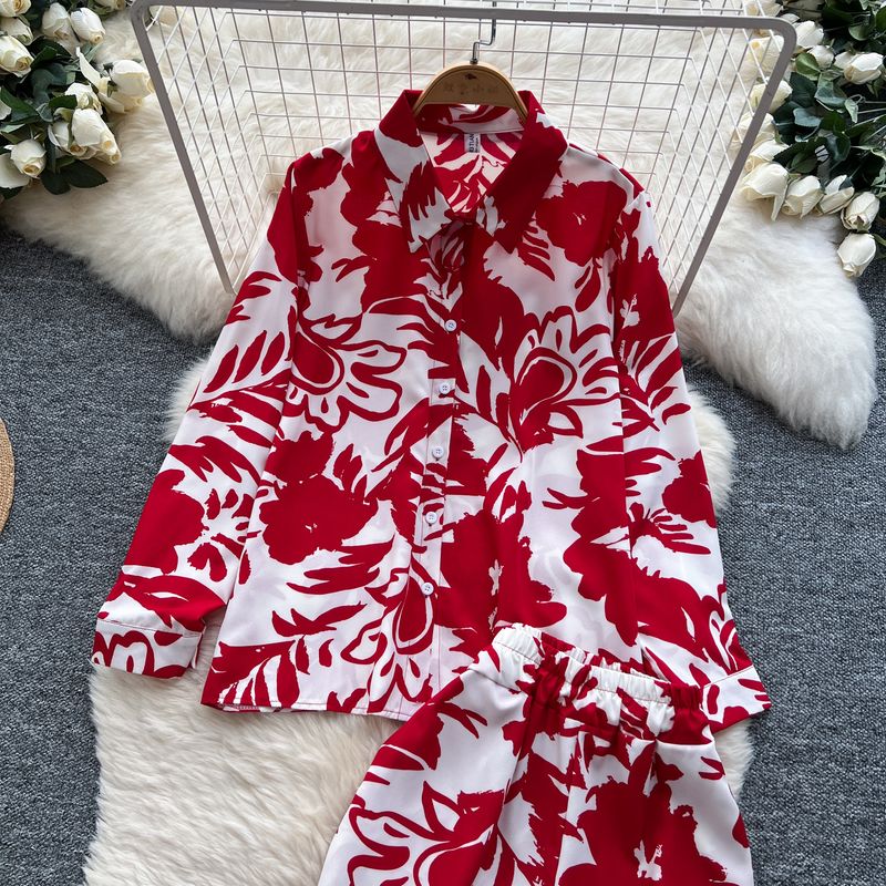 Damenbekleidung, modisch, locker, vielseitig, langärmelig, bedrucktes Hemd + lässiger Hosenanzug mit hoher Taille und weitem Bein_voghion.com