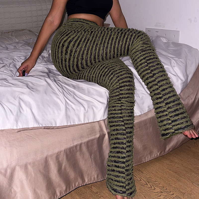 Dameskleding Gebreide Gestreepte Sexy Slanke Broek Kinder Lente Mode Hoge Taille Heup Lifting Hot Girl Casual Broek_voghion.com