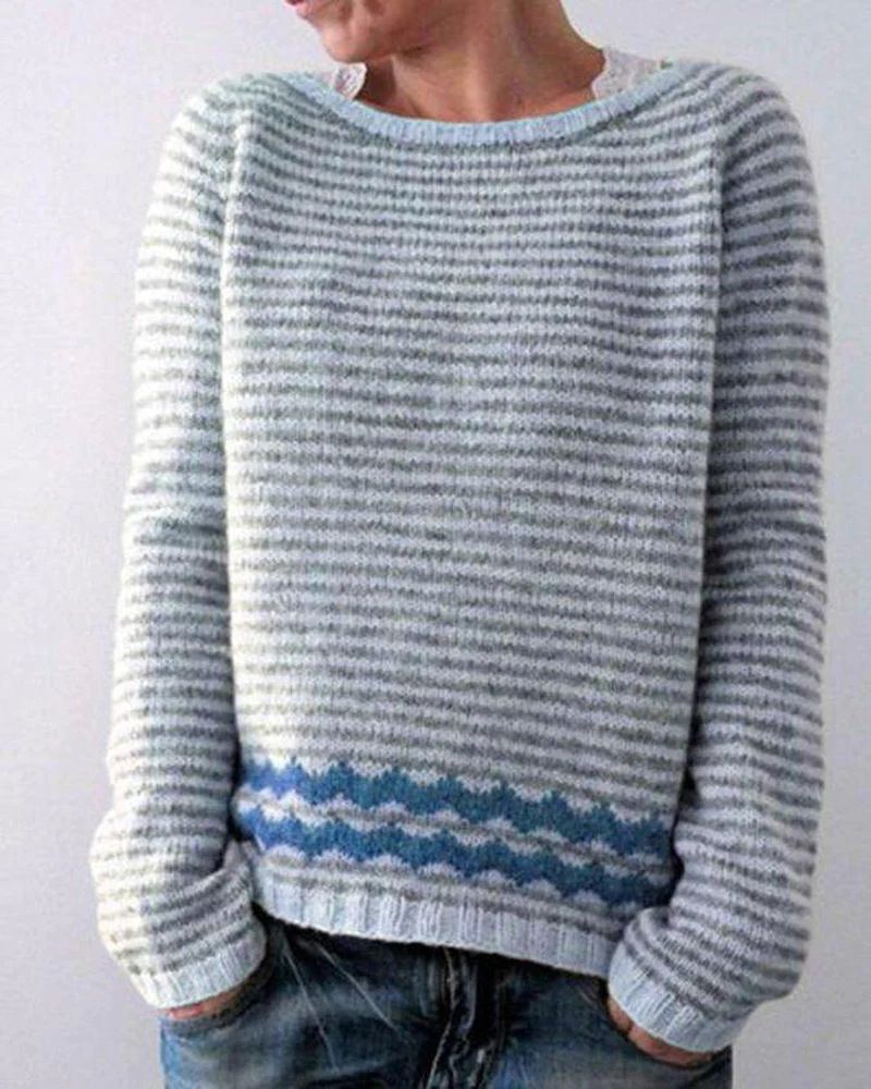 Damenbekleidung, modischer Strickpullover mit Rundhalsausschnitt, Farbblock, lockere Passform, lässige Oberteile_voghion.com