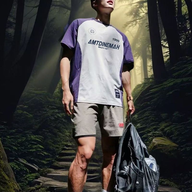 American Style Color-Block Shoulder Short Sleeve T-Shirt Patchwork Basketball Training Sports Summer Round Neck Running_voghion.com
