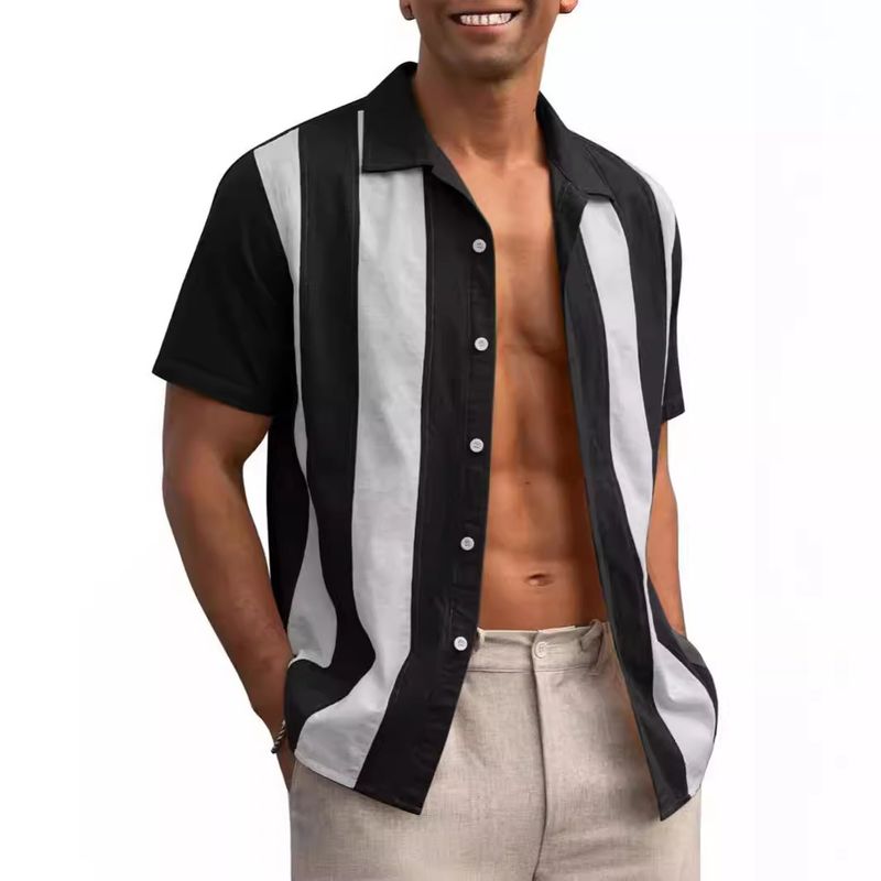 CT 2025 Summer Color Block Striped Patchwork Short Sleeve Men's Loose Casual Cuban Collar Shirt Trend_voghion.com