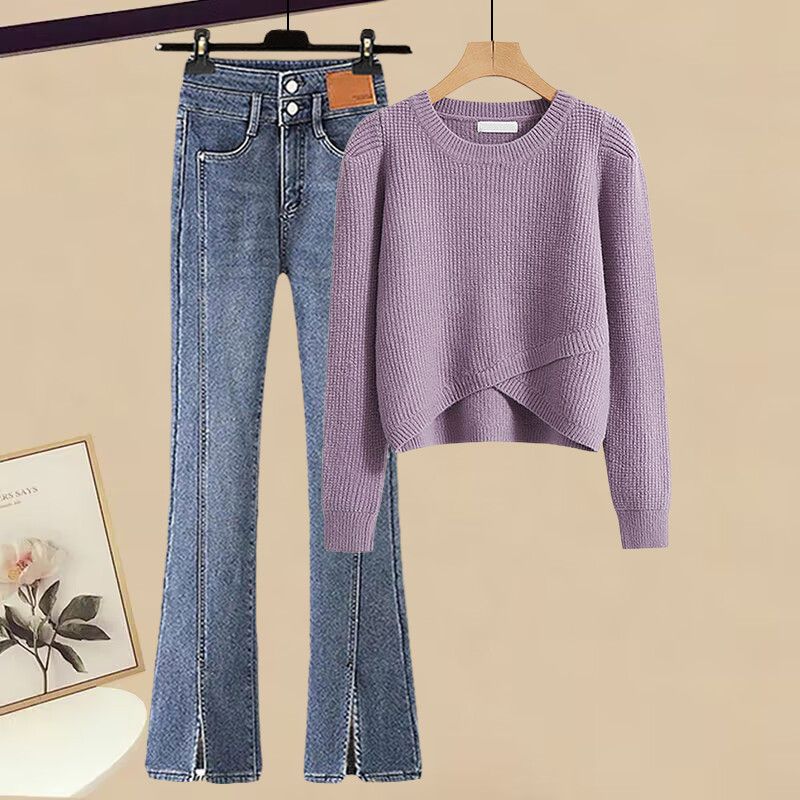 Conjunto de suéter de malha e calça jeans flare feminino para outono e inverno - corte justo, confortável e estiloso (várias opções de cores)_voghion.com