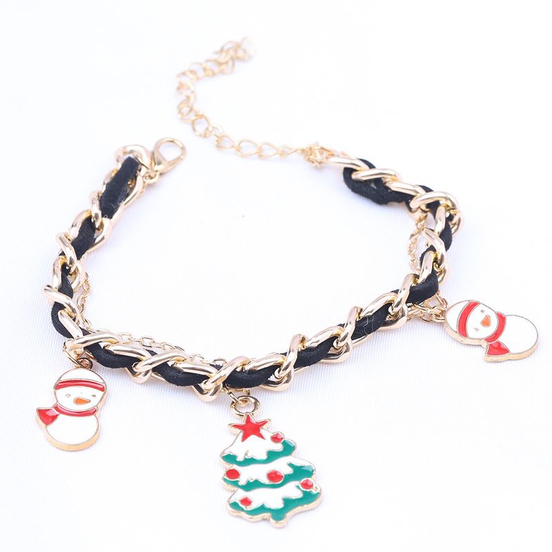 Fashion Gold Plating Links Chain With Leather Inserted Bracelet With Dangling Christmas Charms_voghion.com