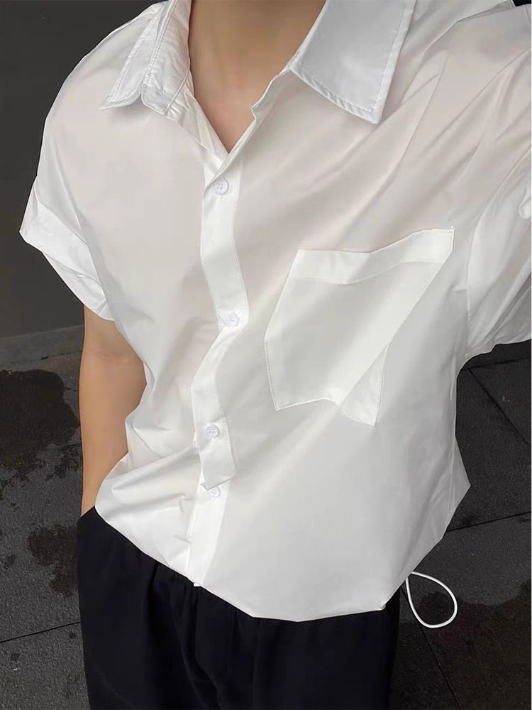 Camicia da uomo a maniche corte in lino effetto seta – Camicia casual in poliestere traspirante con coulisse e tasca (bianco/nero/kaki, M-XXXL)_voghion.com