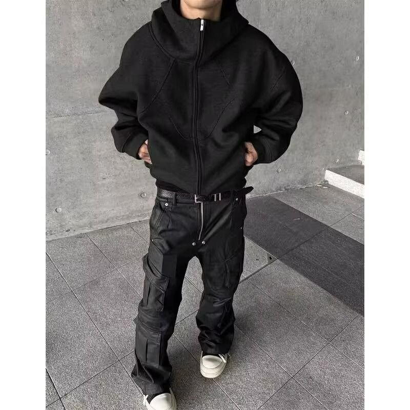 Herbst Winter American High Street Dekonstruierter Rollkragenpullover Hoodie Jacke Mantel Herren Boxy Short Wide Cardigan Zipper_voghion.com
