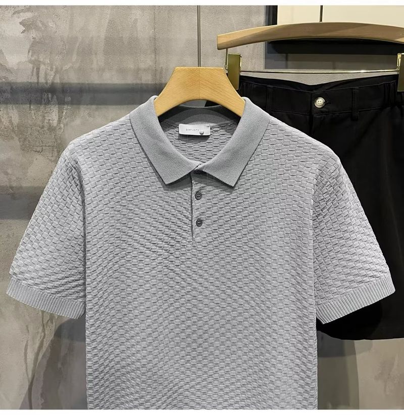 Herrenbekleidung Sommer New Ins Revers Kurzarm Poloshirt Herren Leichtes Luxus All Match Einfarbiges Kariertes Textur T-Shirt_voghion.com