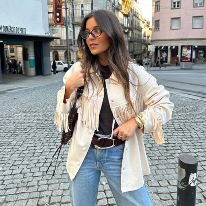 Bohemian Quasten-Wildlederjacke für Damen – Vintage-Mantel mit Fransenrevers (Weiß, S-L)_voghion.com