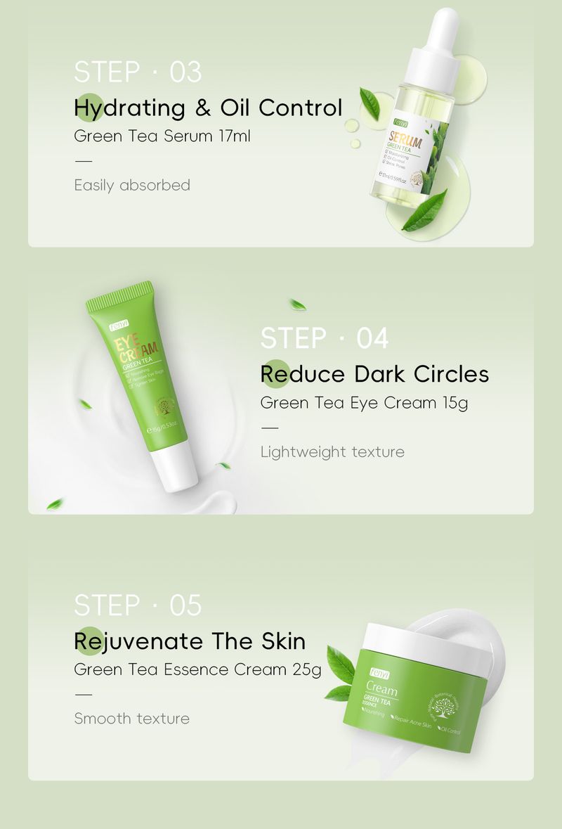 Peelings & Körperbehandlungen – Neues 5-teiliges Set mit grünem Tee: Waschlotion 50 g + Wasser 100 ml + Creme 25 g + Augencreme 15 g + Essenz 17 ml_voghion.com
