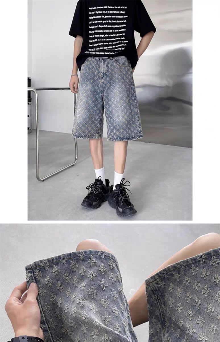 Herrenbekleidung Jeans-Shorts Herren Sommer Trendy Brand Hübsche lockere lässige Distressed Wide Leg Shorts_voghion.com