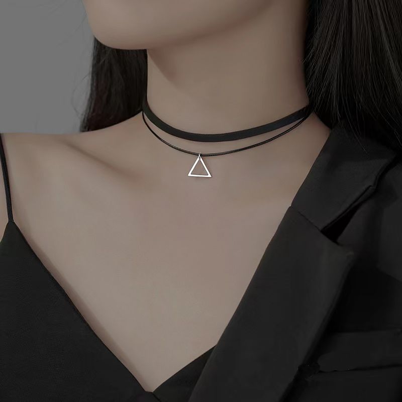 Ready Stock Fashion classic all-in-one vintage stainless steel triangle double layered with choker necklaces for women_voghion.com