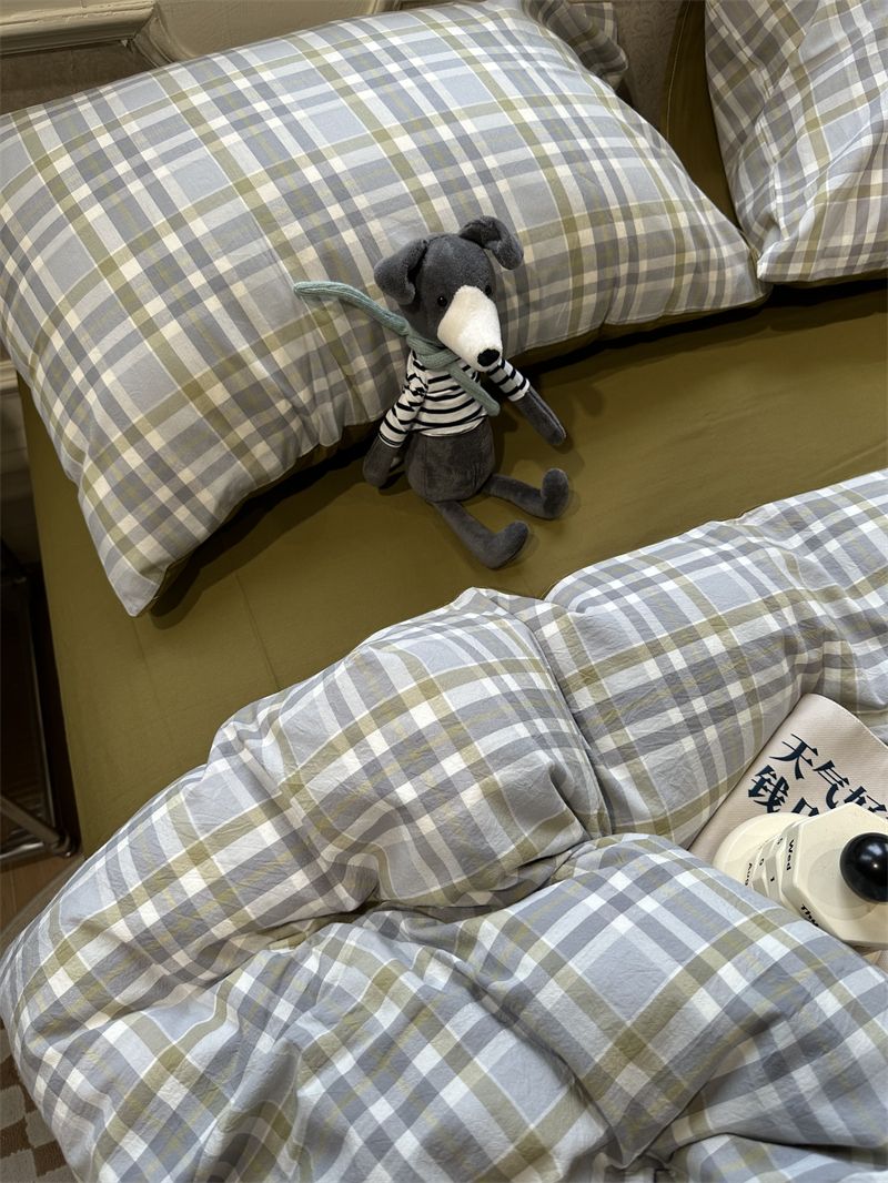Minimalist Japanese Style Gray Plaid Bedding 100% Cotton 1.5m 1.8m Student Dormitory Duvet Cover Set 1.2m_voghion.com