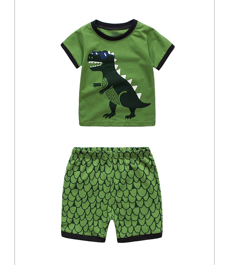 Conjunto de pijamas de manga corta para niños con estampado de dinosaurios de verano para madres y niños, pijamas de algodón para niños, ropa de hogar para niños_voghion.com