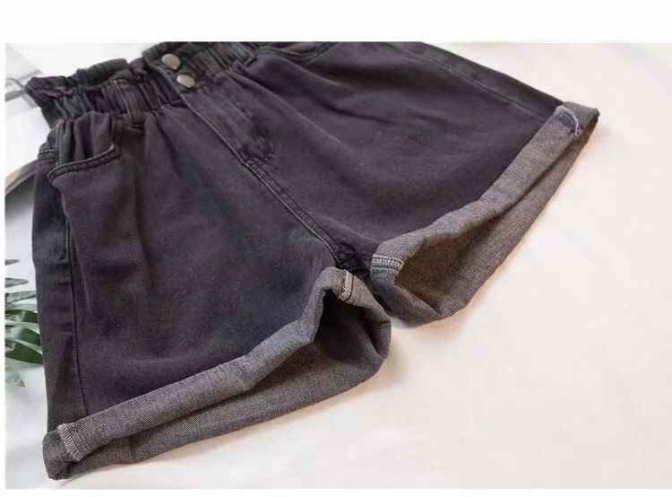 Abbigliamento da donna, vita alta, taglie forti, pantaloncini in denim elasticizzati, larghi, aderenti, con orlo arricciato, linea ad A, gamba larga_voghion.com