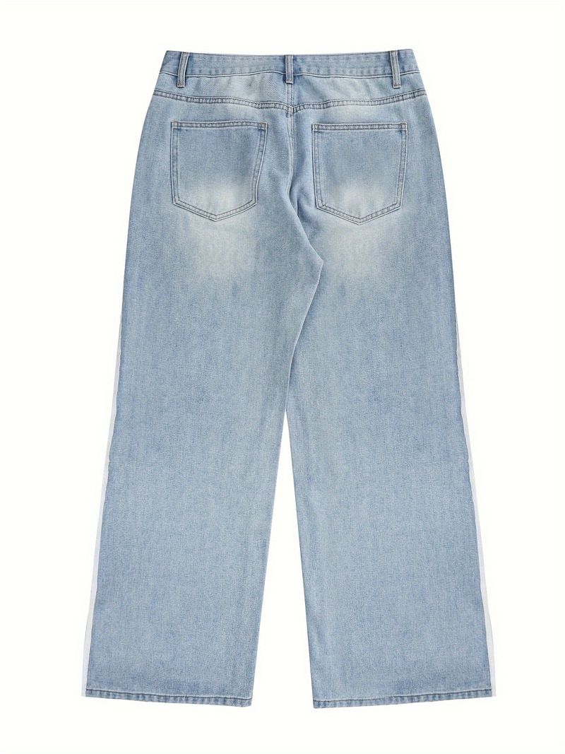 Calça jeans masculina com listras laterais estilo American Retro - Calça reta com lavagem High Street (preta, azul) - Essenciais para streetwear com caimento solto_voghion.com