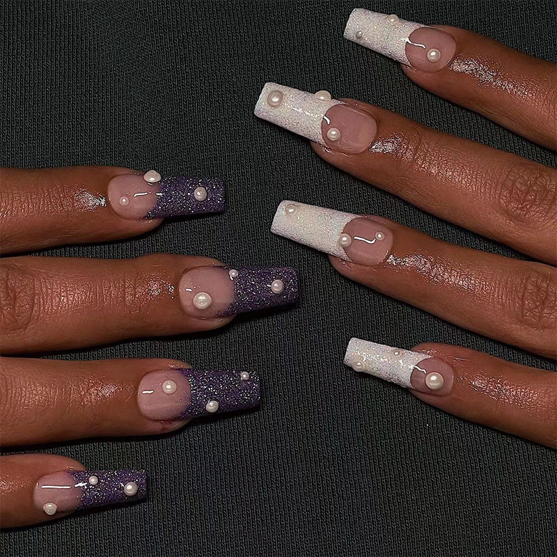 Faux ongles à tête carrée, 24 pièces, avec feuille d'or, mi-longs, cercueil français, couverture complète_voghion.com