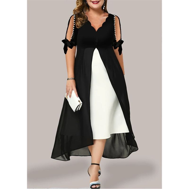 2023 Spring/Summer New Women's V-neck Spliced Fake Two Piece Irregular Mid Sleeve Dress_voghion.com