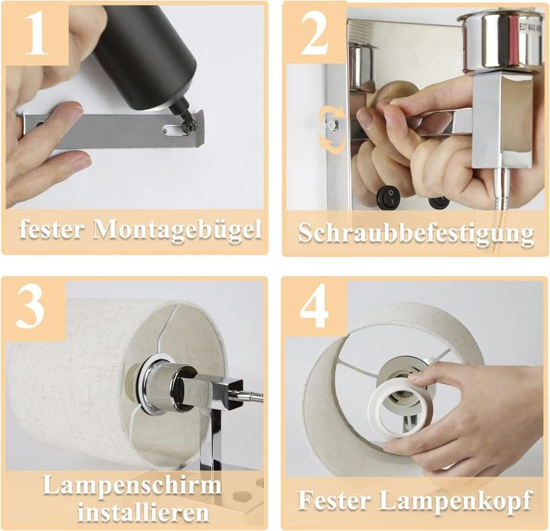 Glitzerlife LED Wandlampe Mit Schalter Wandleuchte Innen - Leselampe Schlafzimmer Stoffschirm Schwenkbar Bettleuchte Mit Flexleuchte Stoff Nachttischlampe_voghion.com