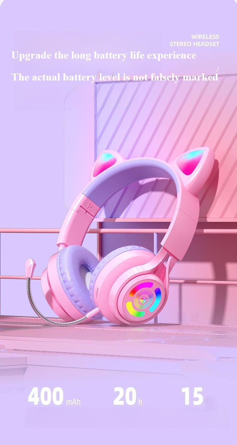 Colorful Cat Ear Wireless Headset - Bluetooth Gaming Headphones With RGB Light, Stereo Sound & Comfort Fit For Esports_voghion.com