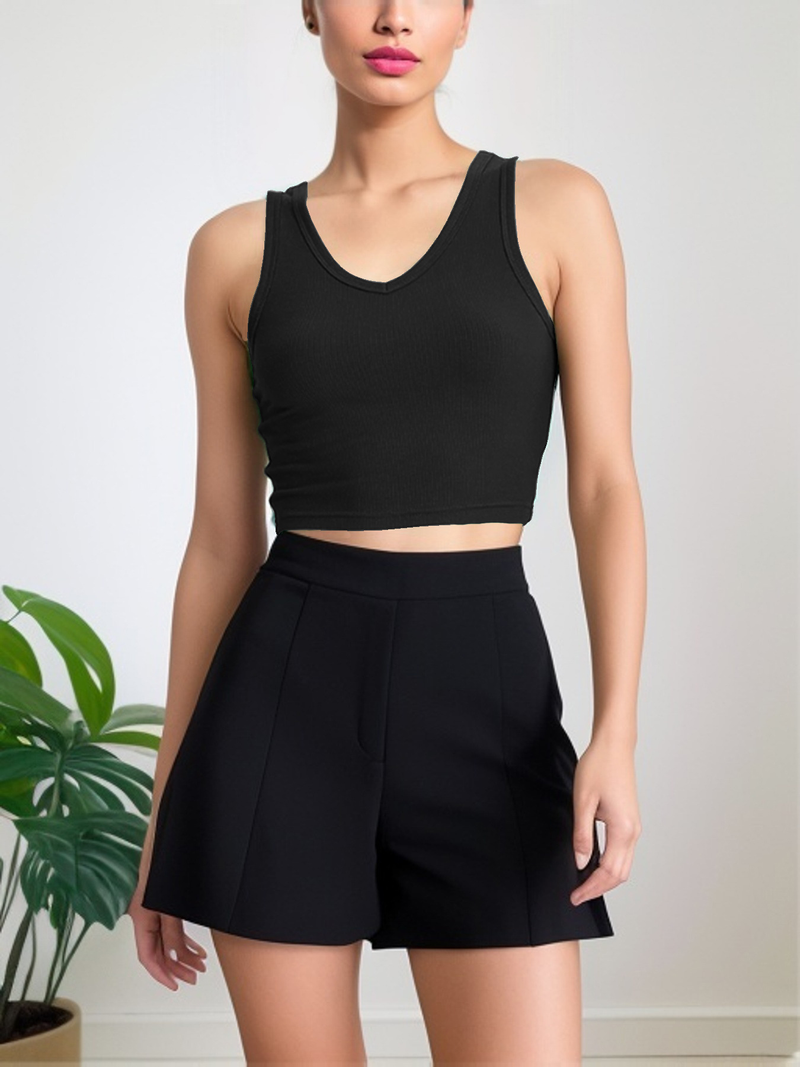 Modisches, geripptes Tanktop aus Baumwolle für Damen, sexy, schmal, mit V-Ausschnitt, ärmellos_voghion.com