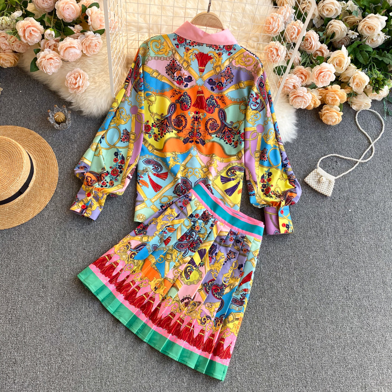 Conjunto de falda ajustada de cintura alta para mujer, camisa con manga de burbuja y cuello con estampado exótico bohemio, 789_voghion.com