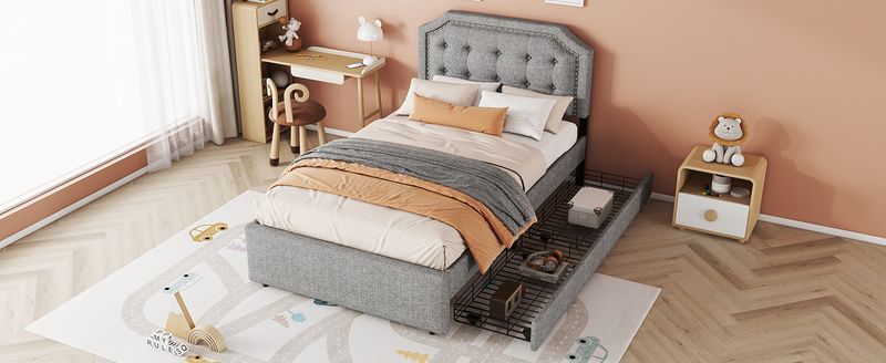 Flachbett 90x200cm, Gepolstert, Dekorative Nieten, Schubladen, Grau_voghion.com