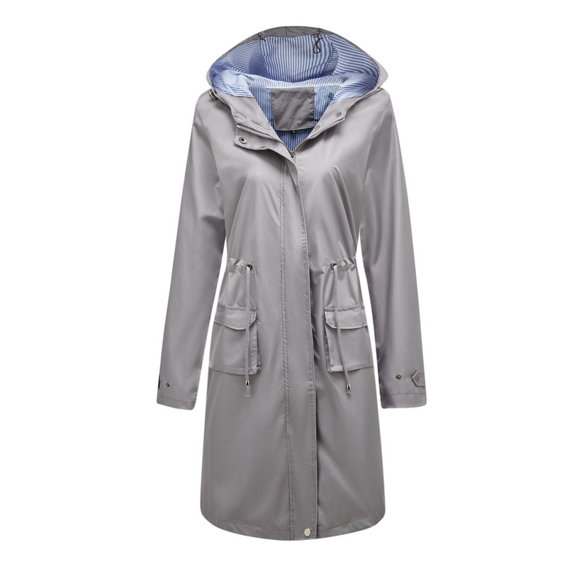 Trench casual da donna K Long con cappuccio, impermeabile, tinta unita con fodera a righe, cappotto dritto._voghion.com