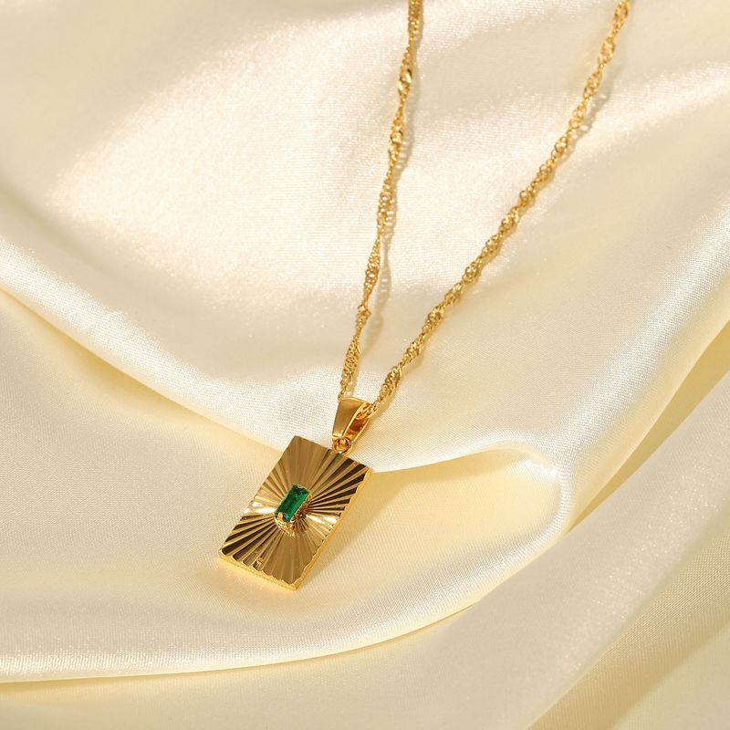 French Emerald Zircon Inlaid Split Flower Rectangle Pendant INS Wind Gold Stainless Steel Necklace Ornament Female_voghion.com