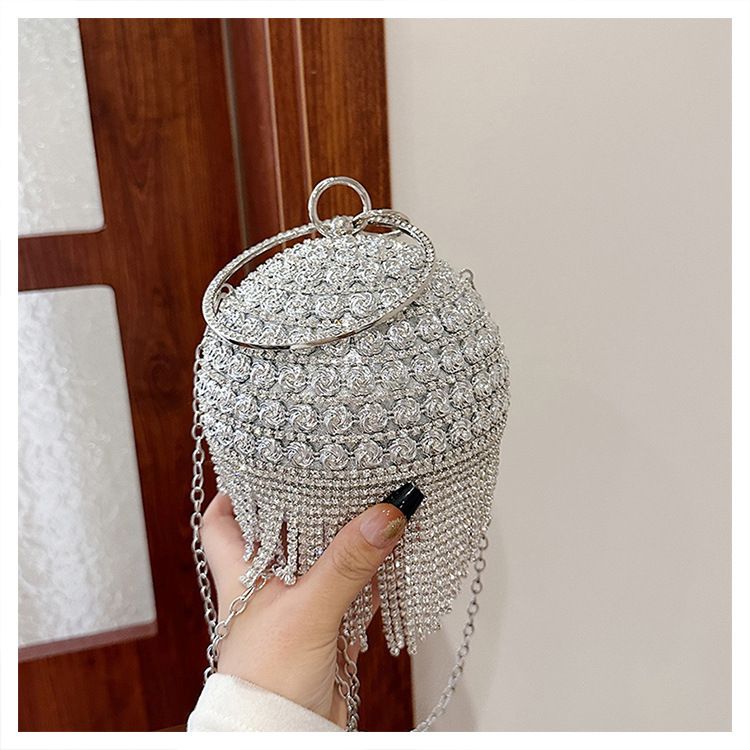 Robe de soirée métallique à motif de roses sphériques et diamants pour femme, petit sac à main de style défilé_voghion.com