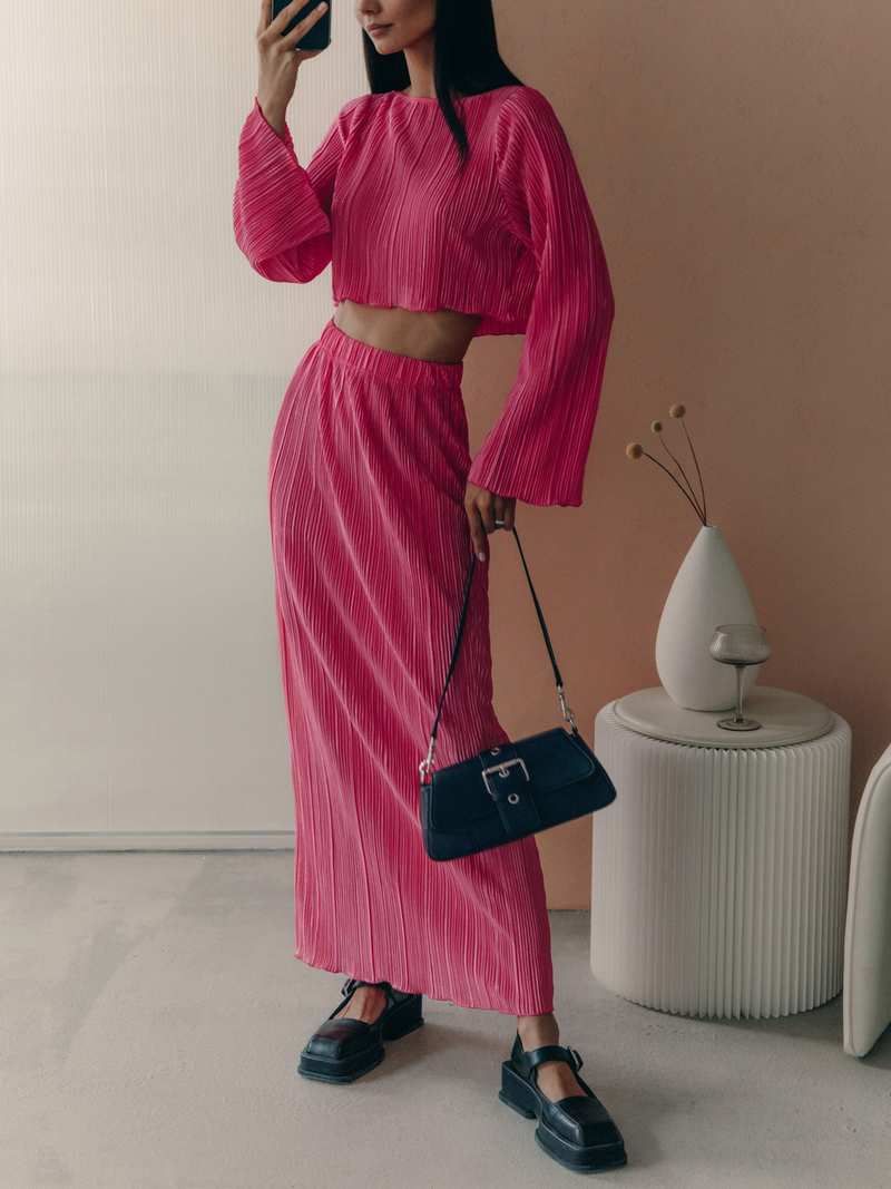 Pleated Women's Suit Bell Sleeve Cropped Top Midi Skirt Suit_voghion.com