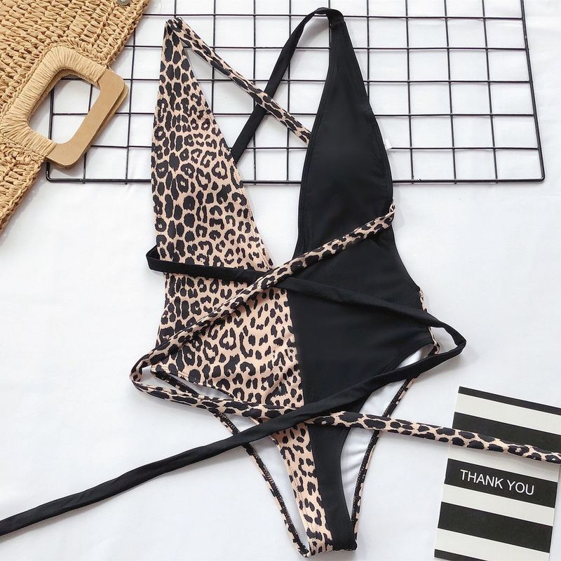 2020 New Bikini Swimsuit Women's One-Piece Leopard Print Patchwork Tie Swimwear_voghion.com