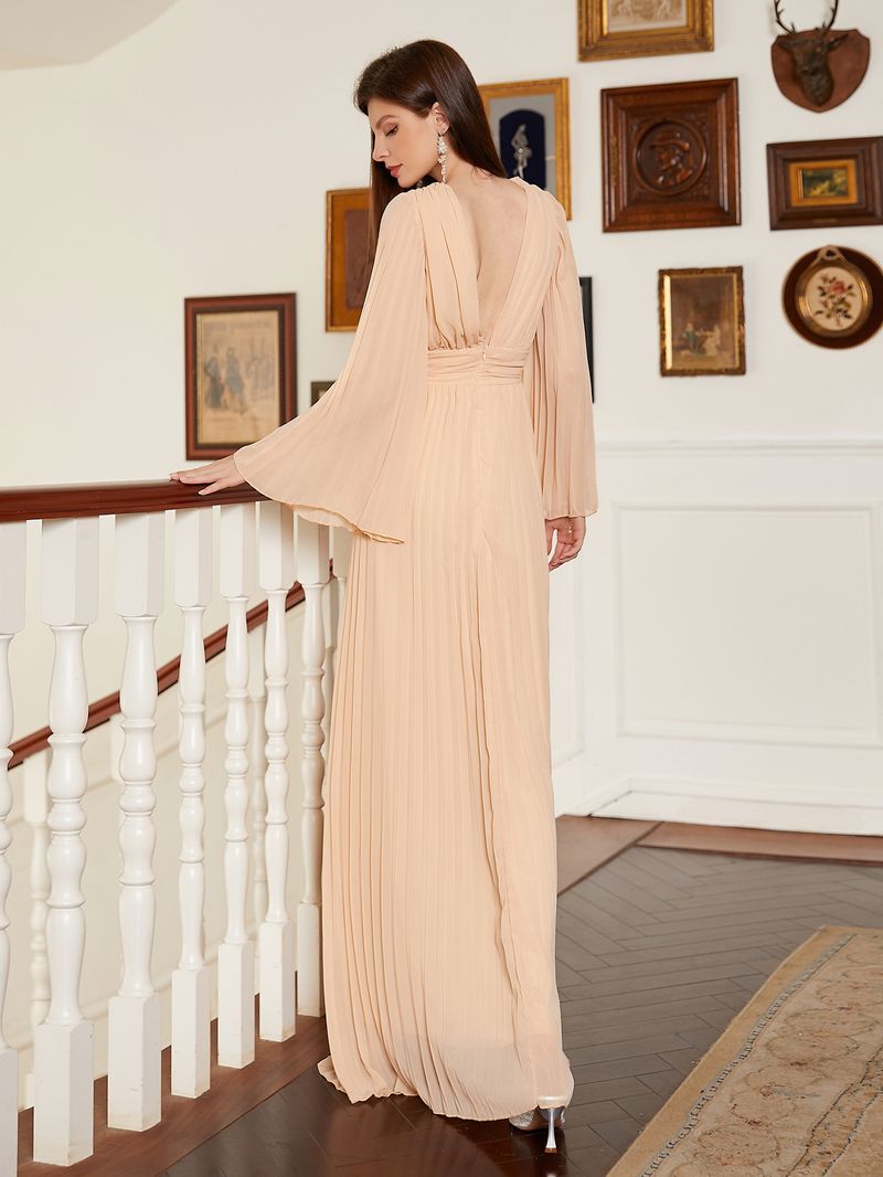 Robe de soirée longue élégante à col en V pour femme - Robe trapèze longue au sol avec volants, décolleté en V profond et manches longues pour banquet ou bal de fin d'année_voghion.com